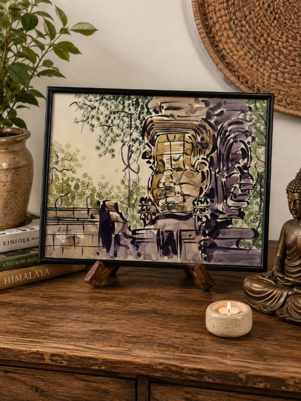 Original Signed Cambodia Watercolor Buddha Face Painting 2004 Framed Asian Art